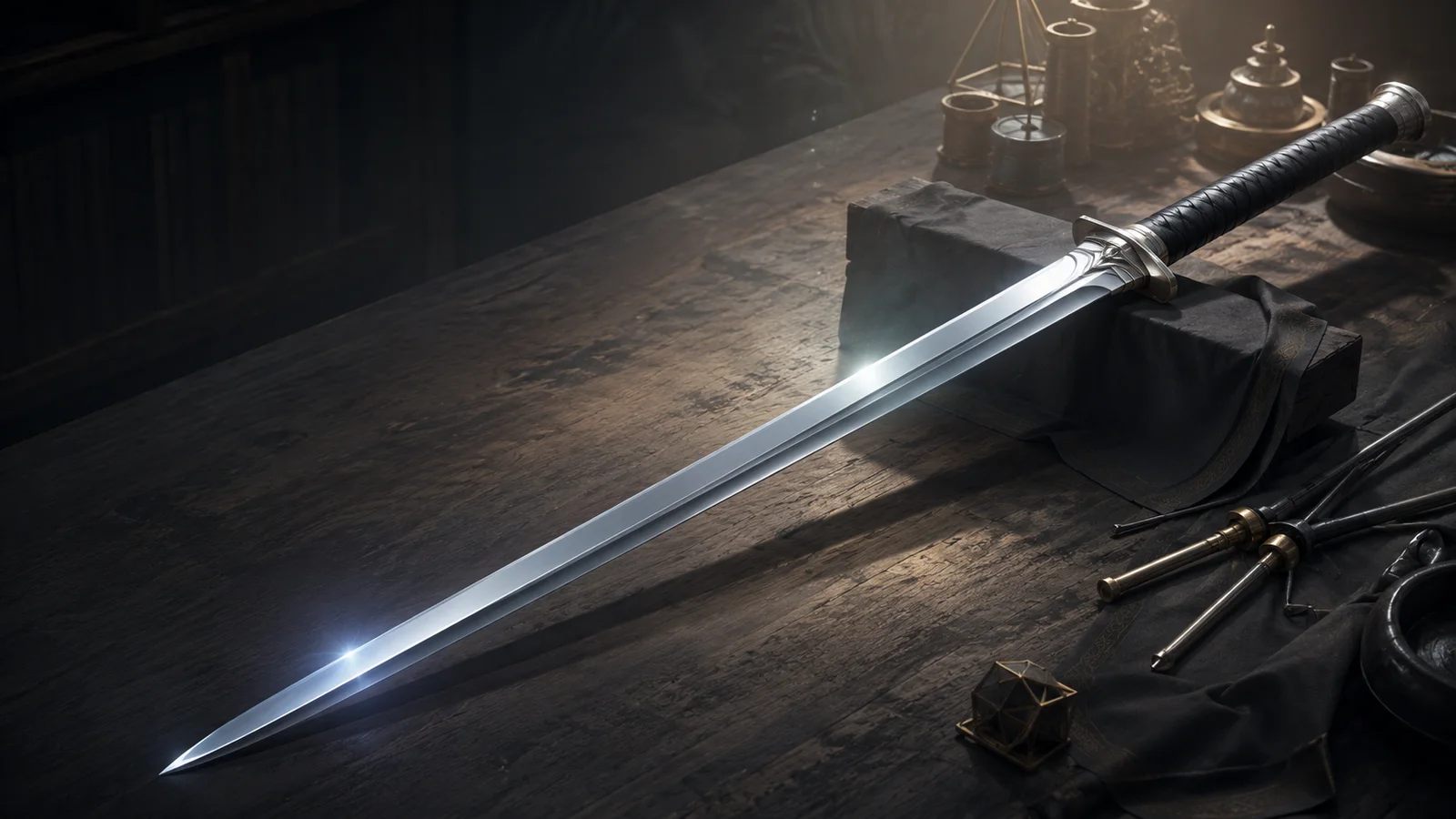The Metal Crystal Sword rests in soft light, its clean single-crystal blade reflecting in one smooth sheet.