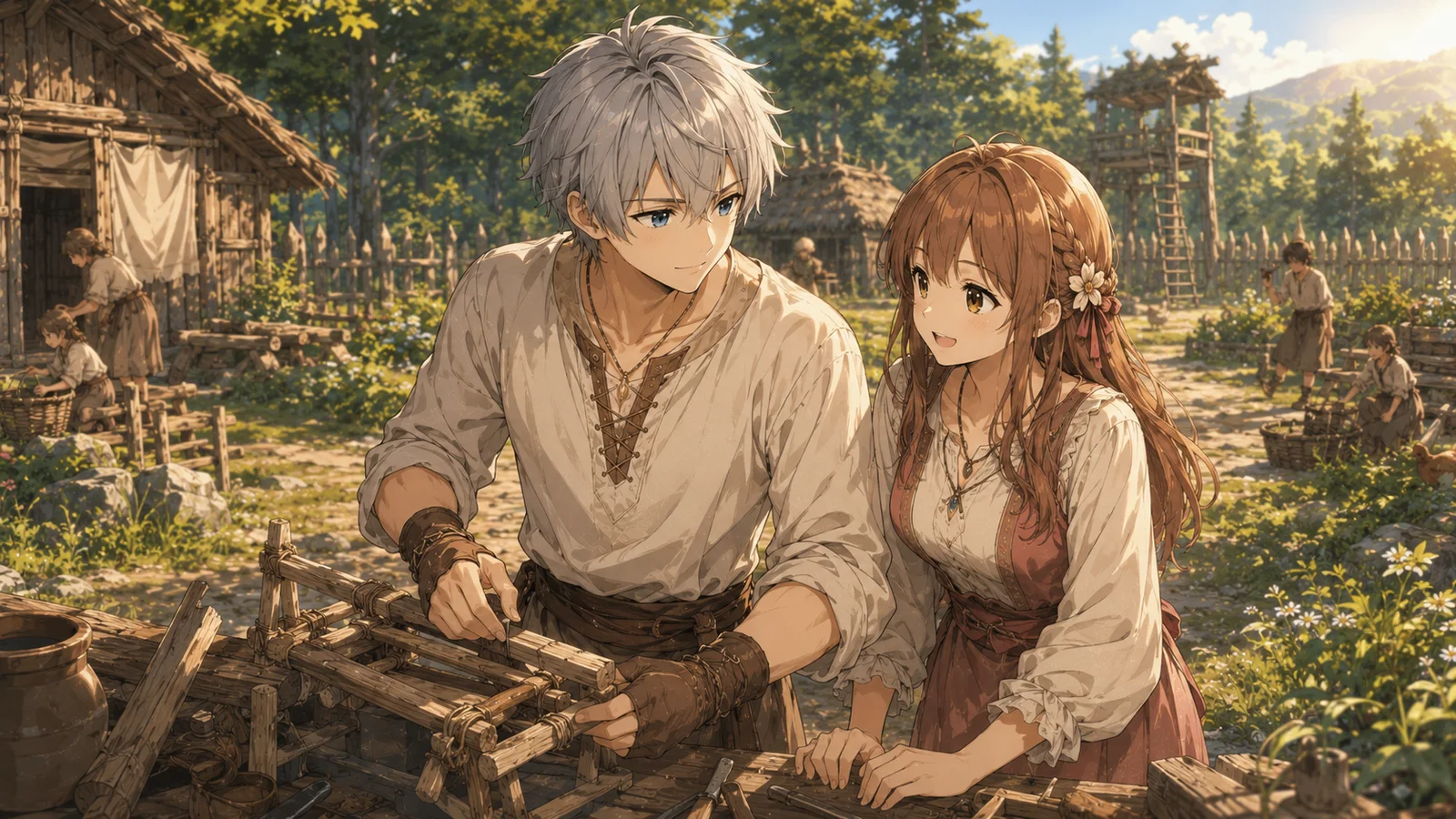 Kairos and Lenka share a warm first-life village moment, the human beginning of the hundred-life story.