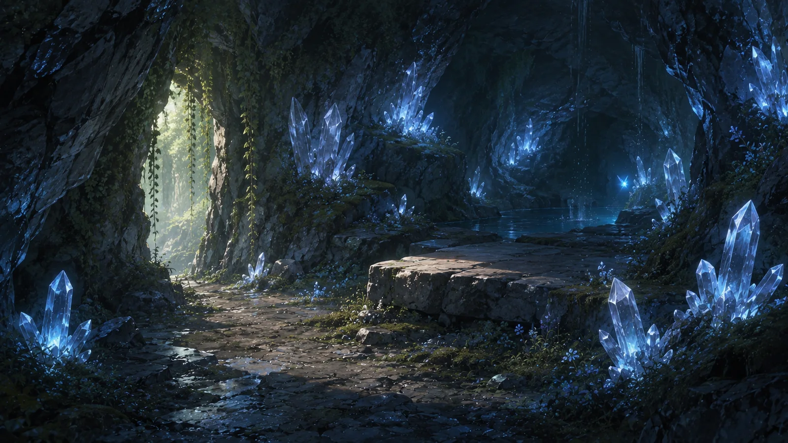 A hidden crystal cave glows softly with pale clusters of crystal in a cool, old, quiet chamber.