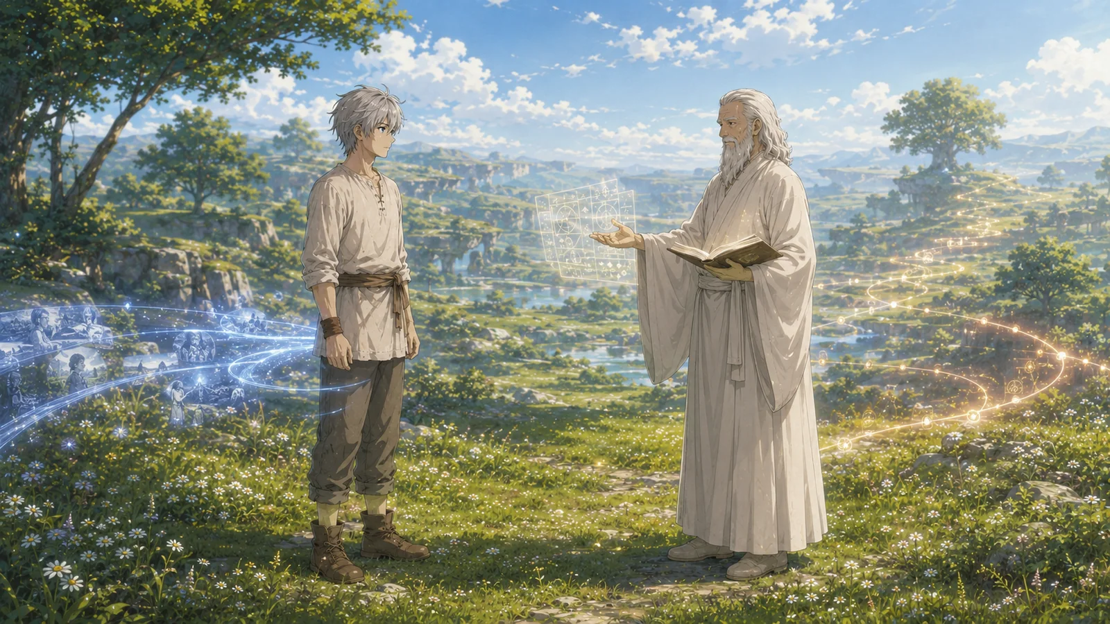 Kairos and the Administrator stand in a bright In-Between Garden as blue paths and flowers surround them.