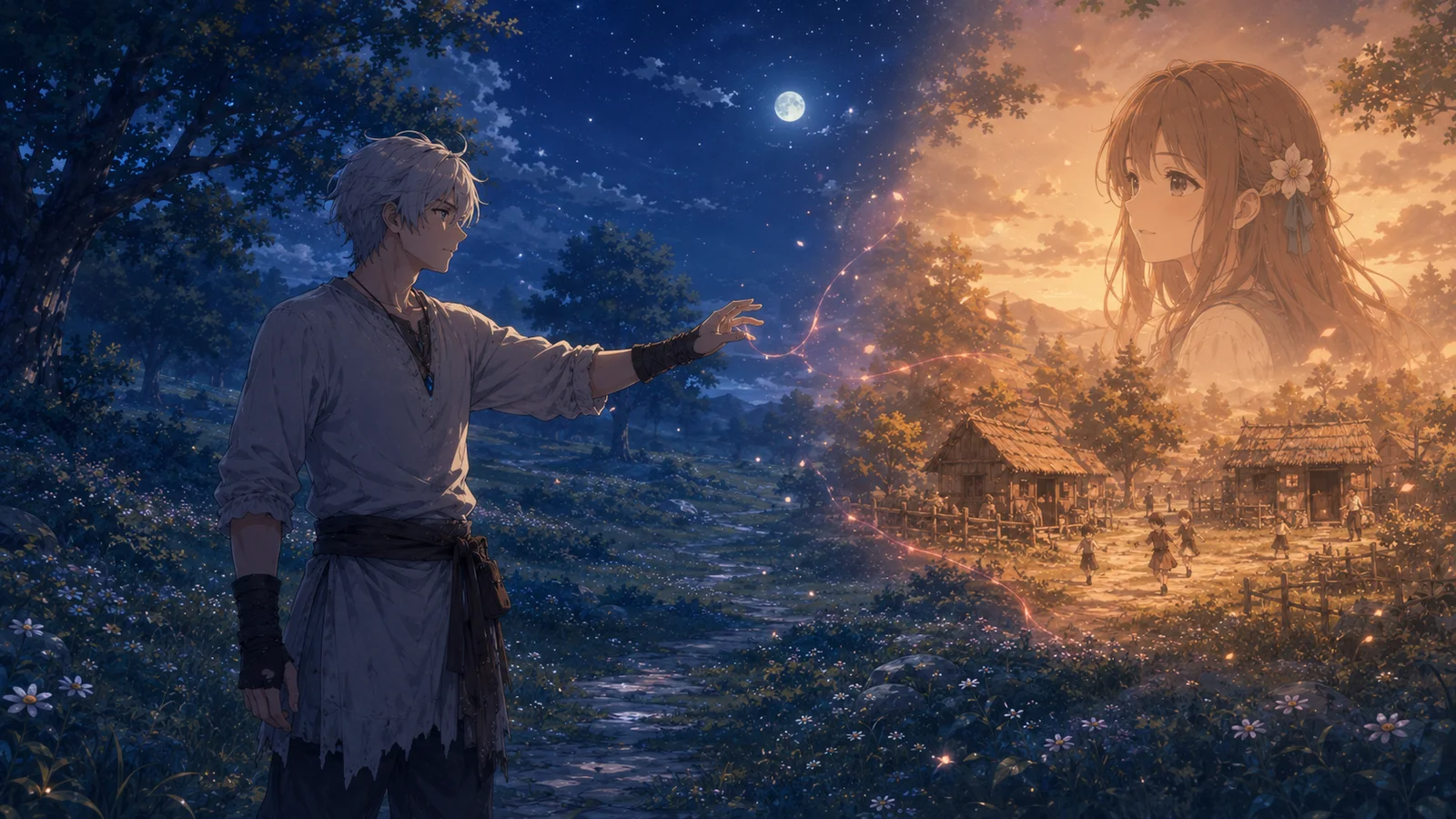 Kairos reaches toward a warm memory of Lenka and their first-life village under a blue night sky.